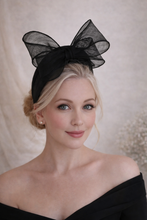Load image into Gallery viewer, Black Fascinator Headband — Statement Bow Wedding &amp; Race Day Hat