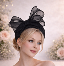 Load image into Gallery viewer, Black Fascinator Headband — Statement Bow Wedding &amp; Race Day Hat