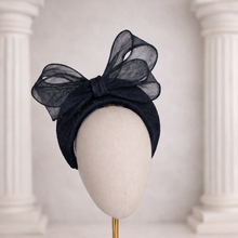 Load image into Gallery viewer, Black Fascinator Headband — Statement Bow Wedding &amp; Race Day Hat