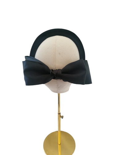 Black Satin Back Bow Headband Fascinator, on a padded velvet headband, optional tails