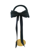Load image into Gallery viewer, Black Satin Back Bow Headband Fascinator, on a padded velvet headband, optional tails