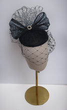 Load image into Gallery viewer, Black Silk-Bow Percher Hat with Veiling and Diamante Accents