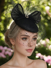 Load image into Gallery viewer, Black Silk-Bow Percher Hat with Veiling and Diamante Accents
