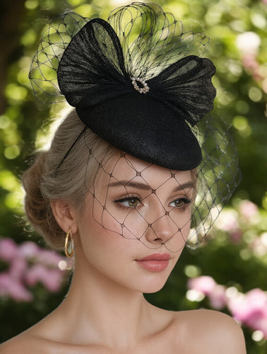 Black Silk-Bow Percher Hat with Veiling and Diamante Accents