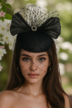 Load image into Gallery viewer, Black Silk-Bow Percher Hat with Veiling and Diamante Accents