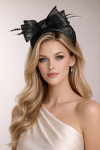 Load image into Gallery viewer, Black Silver Sinamay Bow Fascinator Headband — Structured Wedding &amp; Race Day Hat