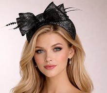 Load image into Gallery viewer, Black Silver Sinamay Bow Fascinator Headband — Structured Wedding &amp; Race Day Hat