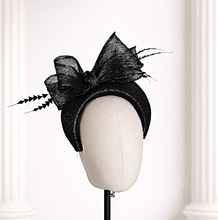 Load image into Gallery viewer, Black Silver Sinamay Bow Fascinator Headband — Structured Wedding &amp; Race Day Hat