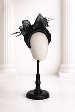 Load image into Gallery viewer, Black Silver Sinamay Bow Fascinator Headband — Structured Wedding &amp; Race Day Hat