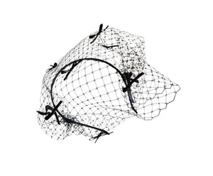 Black Bow Fascinator Headband – Bridal Headpiece with Veil and Scattered Bows, Wedding Headpiece