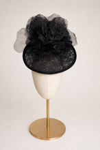Load image into Gallery viewer, Black Sinamay Saucer Fascinator Headband with Silk Flower and Back Bow (colour options)