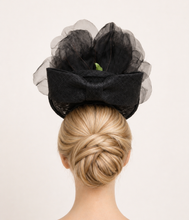 Load image into Gallery viewer, Black Sinamay Saucer Fascinator Headband with Silk Flower and Back Bow (colour options)