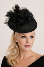 Load image into Gallery viewer, Black Sinamay Saucer Fascinator Headband with Silk Flower and Back Bow (colour options)