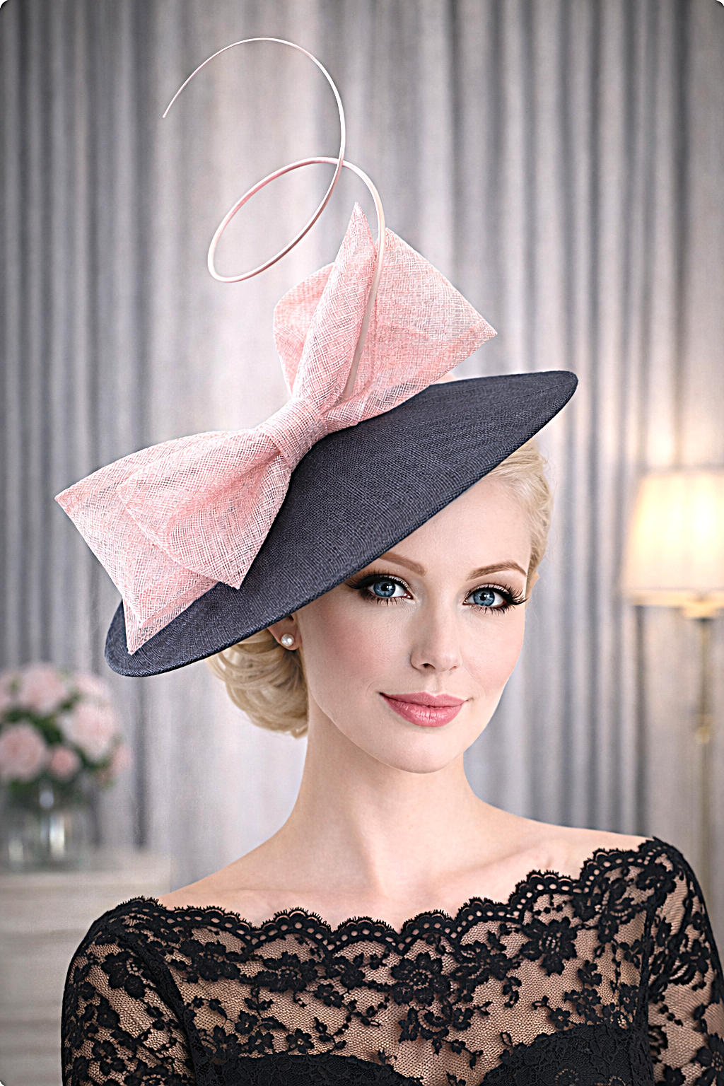 Elegant Pink Hat with Black Lace Bow Handburned Structured Rim Large Black and Hot Pink Kentucky Derby Hat: Wedding Church  main image 4