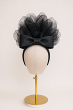Load image into Gallery viewer, Black Sinamay Saucer Fascinator Headband with Silk Flower and Back Bow (colour options)