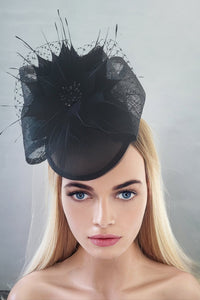 Black Bow Fascinator Hair Clip, With Feather Star Flower and Veiling