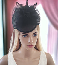 Load image into Gallery viewer, Black Bow Fascinator Hair Clip, With Feather Star Flower and Veiling