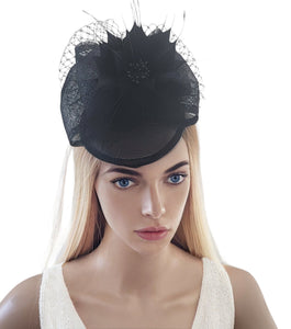 Black Bow Fascinator Hair Clip, With Feather Star Flower and Veiling