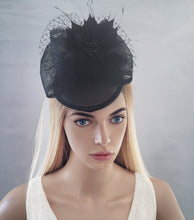 Load image into Gallery viewer, Black Bow Fascinator Hair Clip, With Feather Star Flower and Veiling
