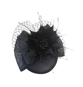 Black Bow Fascinator Hair Clip, With Feather Star Flower and Veiling