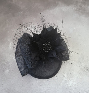 Black Bow Fascinator Hair Clip, With Feather Star Flower and Veiling