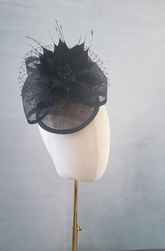 Black Bow Fascinator Hair Clip, With Feather Star Flower and Veiling