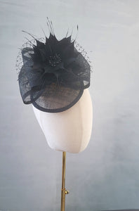 Black Bow Fascinator Hair Clip, With Feather Star Flower and Veiling