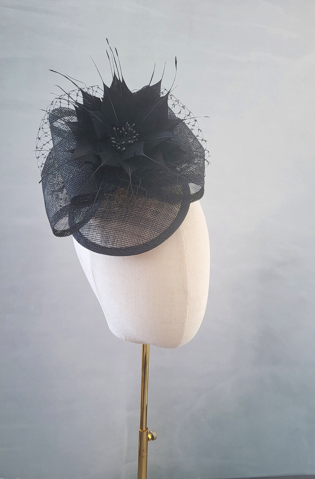 Black Bow Fascinator Hair Clip, With Feather Star Flower and Veiling