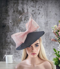 Load image into Gallery viewer, Big Black Saucer Hat with Pink Bow on a headband