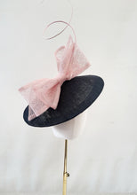 Load image into Gallery viewer, Big Black Saucer Hat with Pink Bow on a headband