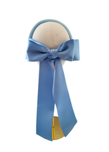 Load image into Gallery viewer, Blue Satin Back Bow Headband Fascinator, on a padded velvet headband, optional tails (Copy)