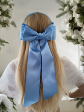 Load image into Gallery viewer, Blue Satin Back Bow Headband Fascinator, on a padded velvet headband, optional tails (Copy)