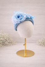 Load image into Gallery viewer, Blue Fascinator Headband with Silver Thread, Flowers and Net Veiling, Races Wedding Headpiece