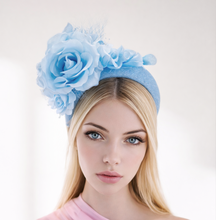 Load image into Gallery viewer, Blue Fascinator Headband with Silver Thread, Flowers and Net Veiling, Races Wedding Headpiece
