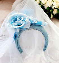 Load image into Gallery viewer, Blue Fascinator Headband with Silver Thread, Flowers and Net Veiling, Races Wedding Headpiece