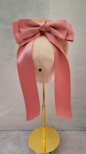 Load image into Gallery viewer, Blush Pink Satin Bow Headband Fascinator, on a Sinamay Halo Base, with tails