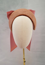 Load image into Gallery viewer, Blush Pink Satin Bow Headband Fascinator, on a Sinamay Halo Base, with tails