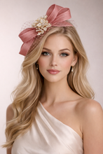Load image into Gallery viewer, Blush Pink Sinamay Fascinator Headband with Veiling &amp; Diamante Flower Brooch