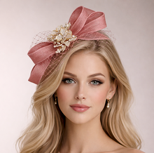 Load image into Gallery viewer, Blush Pink Sinamay Fascinator Headband with Veiling &amp; Diamante Flower Brooch