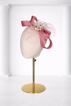 Load image into Gallery viewer, Blush Pink Sinamay Fascinator Headband with Veiling &amp; Diamante Flower Brooch