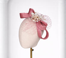 Load image into Gallery viewer, Blush Pink Sinamay Fascinator Headband with Veiling &amp; Diamante Flower Brooch
