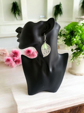 Load image into Gallery viewer, Bright Silver Leaf Earrings Dangle Drop with Green Leaves -  Etched Finish – 8cm