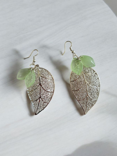 Bright Silver Leaf Earrings Dangle Drop with Green Leaves -  Etched Finish – 8cm