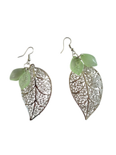 Load image into Gallery viewer, Bright Silver Leaf Earrings Dangle Drop with Green Leaves -  Etched Finish – 8cm