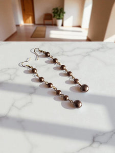 Bronze Pearlised Bead Long Drop Earrings – Elegant Vintage-Style Dangle Jewellery - 16 mm Long