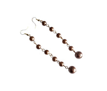 Load image into Gallery viewer, Bronze Pearlised Bead Long Drop Earrings – Elegant Vintage-Style Dangle Jewellery - 16 mm Long