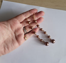 Load image into Gallery viewer, Bronze Pearlised Bead Long Drop Earrings – Elegant Vintage-Style Dangle Jewellery - 16 mm Long