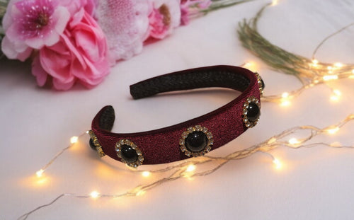 Burgundy Velvet Headband, Embellished with Diamante, Jewelled Headband