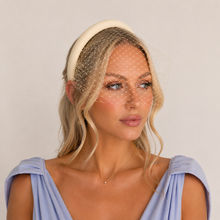 Load image into Gallery viewer, Butter Yellow Satin Fascinator Headband with Birdcage Veil "Holly"