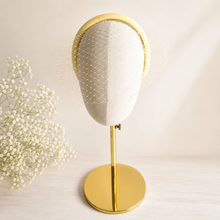 Load image into Gallery viewer, Butter Yellow Satin Fascinator Headband with Birdcage Veil "Holly"